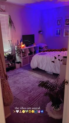 the bedroom is lit up with purple light and has a bed, desk, tv, plant