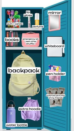 an open blue locker with various items on it and the words back pack written below