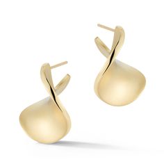 A fine contrasting line of high polished 18K yellow gold, highlights the silhouette of these simple yet complex forms. Shown in 18K Yellow Gold. Available in 18K White Gold or Sterling Silver. 18K Yellow Gold Mist Finish 1" Long