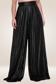 These black palazzo pants are the perfect fashion statement for a night out! Steal the spotlight in these beautiful high-waisted Palazzo Pants. They are made of a luxurious metallic fabric, a hidden zipper on the side, and feature a wide leg silhouette. These plus size palazzo pants are perfect for any occasion. Wear them to work, to a party, or to the grocery store, these pants will never let you down. The metallic finish is flattering on any skin tone and will never go out of style. team them with a matching silver crop top and heels for the total look Update your wardrobe with these black wide leg pants. Featuring a metallic material, a back hidden zipper, and a wide-leg fit, team them with a matching silver crop top and heels for the total look Metallic Shimmer Detail Wide Leg Pants Ba Black Wide-leg Pants For Date Night, Glamorous Black Flare Pants, Glamorous Black Flare Bottoms, Black Flared Wide Leg Pants For Formal Occasions, Black Non-stretch Wide Leg Pants For Night Out, Non-stretch Black Wide Leg Pants For Night Out, Black Flare Wide Leg Pants For Night Out, Glamorous Full-length Wide Leg Pants For Night Out, Glamorous Full Length Wide Leg Pants For Night Out