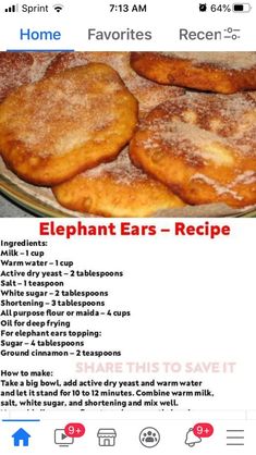 the recipe for elephant ears - recipe is displayed on an iphone screen, and it appears to be in english