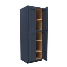 a tall cabinet with two doors and shelves on the bottom, one door open to reveal an empty shelf