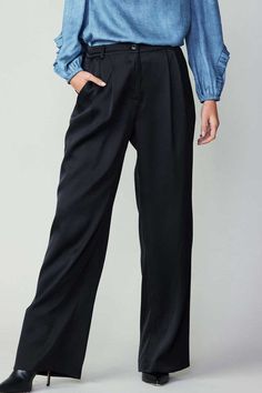 Buttoned silky front pintucked trousers. Available in black and fuchsia. Pair with our silky belted one button jacket (Style # 2320101) for the complete look! 100% Polyester Silky Pants, Button Jacket, Jacket Buttons, Pants Black, Jacket Style, Black Pants, Trousers, Pants, Black