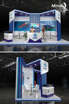 an exhibition stand with blue and white stripes