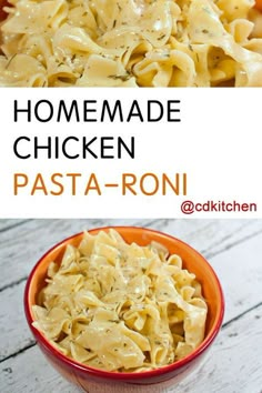 homemade chicken pasta in a red bowl with text overlay