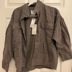 Joie Women’s Army Green Jacket. Button Details And Sinchable Waist. Size Xs. Nwt Casual Single-breasted Button-up Cropped Jacket, Relaxed Fit Utility Outerwear With Button Closure, Chic Relaxed Fit Outerwear With Button Closure, Spring Utility Tops With Buttoned Pockets, Casual Linen Outerwear With Button Cuffs, Everyday Fall Cropped Button-up Jacket, Fall Utility Tops With Button Cuffs, Utility Tops With Button Cuffs For Fall, Versatile Spring Outerwear With Button Closure