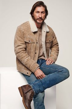 Embrace warmth in a uniquely American style with our Gabe shearling jean jacket. Artisan-crafted in rich French sheepskin, Gabe has all the qualities you would expect in a favorite wardrobe mainstay. Worn with denim, chambray shirts, or corduroy sweaters, the Gabe sheepskin jacket may very well likely become an everyday companion. Casual Shearling Outerwear With Faux Fur Lining, Rugged Leather Jacket For Fall, Rugged Leather Jacket For Fall And Cold Weather, Casual Shearling Outerwear With Padded Collar, Cold Weather Shearling Outerwear With Pockets, Rugged Sheepskin Outerwear, Casual Shearling Leather Jacket For Fall, Casual Shearling Fur Coat With Faux Fur Lining, Fall Shearling Leather Jacket For Cold Weather