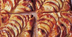 an apple tart with cinnamon swirl toppings on top is cut into squares and ready to be eaten