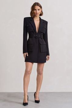 Genesis Black Belted Utility Blazer Dress – Club L London - USA Office Suits, Blazer Mini Dress, Deep V Dress, Sleek Bun, Club L London, Lace Skater Dress, Bustier Dress, Plunge Neckline, Stretch Crepe