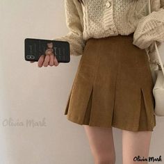 Olivia Mark - Velvet Pleated Skirt - Vintage High Waist Academy A-line Mini Skirt Casual Pleated Skirt With Pockets For Winter, Casual A-line Mini Skirt For Winter, Casual Corduroy Skort For Fall, Fall Casual Corduroy Skort, Casual A-line Pleated Skirt For Winter, Brown Cotton Pleated Skirt For Fall, Casual Corduroy Mini Skirt For Winter, Casual Corduroy Skirt For Winter, Casual High Waist Brown Pleated Skirt