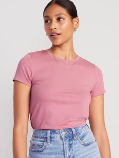 Slim-Fit T-Shirt for Women | Old Navy Fitted Ribbed Crew Neck T-shirt, Fitted Casual Cropped T-shirt With Crew Neck, Everyday Ribbed T-shirt, Basic Pink Cropped T-shirt With Short Sleeves, Casual Ribbed Cropped Cotton T-shirt, Basic Scoop Neck T-shirt With Ribbed Neckline, Casual Stretch Crew Neck T-shirt, Fitted Short Sleeve Top With Ribbed Neckline, Fitted Short Sleeve Basic T-shirt