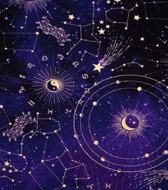 an artistic painting with stars and moon in the night sky, as well as zodiac signs