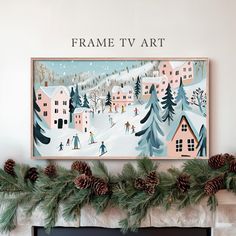 a fireplace mantel decorated with pine cones and christmas decorations