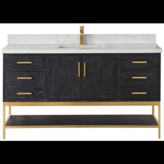 a black and gold bathroom vanity with marble top