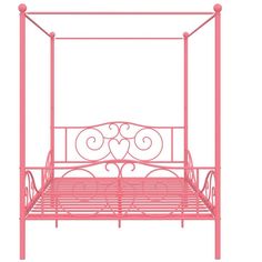 a pink metal bed frame with an intricate design