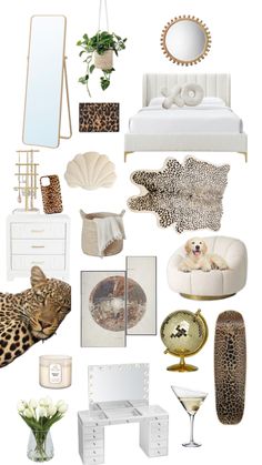 a collage of animal prints and furniture including a bed, chair, mirror, vases, table, plant