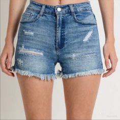 Timeless And Classic High Waist Distressed Denim Shorts 98% Cotton 2% Spandex Hi Rise Denim Intentionally Distressed Five Pockets Medium Wash Split Sides Brand New With Tags Ripped High Waist Medium Wash Bottoms, Distressed Denim Blue High-waisted Shorts, Ripped Dark Wash High-waisted Shorts, Ripped Denim Blue Short Length Bottoms, Denim Blue Ripped Shorts, High Rise Distressed Blue Bottoms, Ripped Dark Wash Short Bottoms, Dark Wash Distressed Bottoms Short Length, Distressed Dark Wash Short Bottoms