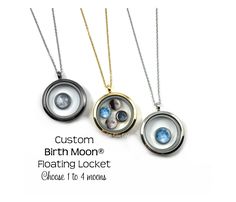 "This floating locket necklace is the perfect way to honor your loved ones. Each tiny charm is custom crafted to represent the day of their birth, making it a truly unique and special gift. This Custom Birth Moon® floating locket necklace is personalized for you or your loved one! Tell us a date that is special to you (birthday, anniversary, adoption, memorial, etc) and we'll create a moon phase charm from that night.  This necklace can have 1, 2, 3 or 4 moons - perfect for mom for Mother's day Birthday Gift Charm Necklace With Round Pendant, Birthday Gift Round Pendant Charm Necklace, Nickel-free Charm Necklace For Birthday Gift, Nickel Free Round Pendant Charm Necklace For Birthday Gift, Nickel-free Round Pendant Charm Necklace For Birthday Gift, Nickel-free Round Charm Necklaces For Birthday Gift, Round Locket Necklace With Charms For Keepsake, Custom Round Pendant Necklace With Charms For Gift, Birthstone Locket Necklace Keepsake