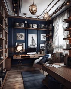 a home office with blue walls and wooden floors, built - in shelving units