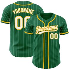 Custom Kelly Green White Pinstripe Gold Authentic Baseball Jersey Cheap Baseball Jersey With Three Stripes For Game Day, Cheap Blue Baseball Jersey For Sports Fans, Cheap Blue Sports Fan Baseball Jersey, Cropped Baseball Jersey, Custom Baseball Shirt, Mens Baseball Shirts, Baseball Diamond, Diamond Girl, Custom Baseball Jersey