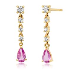 Pretty in pink and stunning diamonds! These gorgeous drop earrings have it all, and will soon become your new favorite gems. Available in 14k yellow, rose, or white gold Approximately .48ctw pink sapphires Approximately .21ctw diamonds Measures 3/4" in length By Curated by Ab