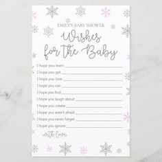 a baby shower wish card with snowflakes on it