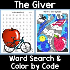 the giver word search and color by code is shown with an apple on it