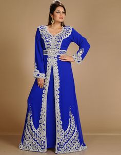 Arabic Royal Blue Georgette Hand Embroidery Party Wear Kaftan Takchita, Golden, Georgette, Handmade, Royal Blue, Blue, Kaftans, XS, S, M, L, XL, 2XL, 3XL, 4XL, 5XL, 6XL, 7XL Bridal Kaftan, Kaftan Moroccan Caftan, Fancy Kaftan, Jalabiya Dress, Designer Kaftan, Modest Evening Dress, Gala Outfit, Plus Size Dresses For Women, Hand Embroidery Dress