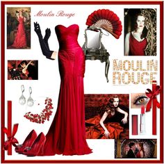 a red dress and accessories are featured in this fashion ad for moulin roug