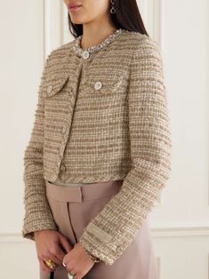 Luxury Tweed Outerwear For Spring, Luxury Tweed Jacket For Spring, Luxury Fitted Brown Tweed Jacket, Luxury Vintage Fitted Tweed Jacket, Luxury Brown Tweed Outerwear, Luxury Gold-buttoned Tweed Jacket For Work, Luxury Fitted Cropped Tweed Jacket, Designer Hair Accessories, Tweed Jacket