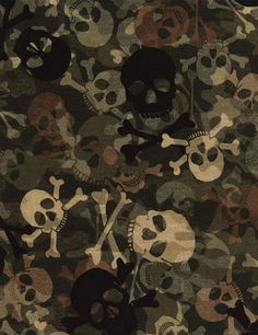 a bunch of skulls and bones on a camouflage background