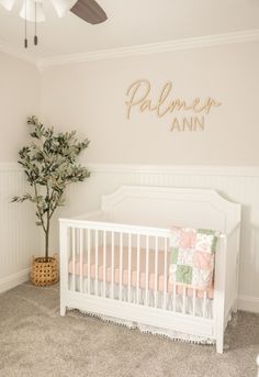 a baby's room with a white crib, pink bedding and a potted plant