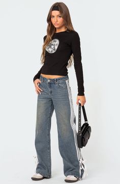 EDIKTED Mattie Side Stripe Bow Low Rise Wide Leg Jeans | Nordstrom Low Rise Wide Leg Jeans, Womens Low Rise Jeans, Bow Jeans, Ideas For Characters, Striped Jeans, School Fits, Low Rise Jeans, Things I Need, Side Stripe