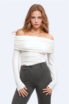 Q2 Bodycon Off Shoulder viscose Top In White Chic Fitted Off-shoulder Long Sleeve Top, Chic Off-shoulder Elastane Top For Summer, Chic Summer Off-shoulder Top In Elastane, Chic Summer Off-shoulder Elastane Top, Chic Elastane Off-shoulder Top For Summer, Fitted Off-shoulder Elastane Top, Fitted Elastane Off-shoulder Tops, Off-shoulder Ruched Top In Elastane, Off-shoulder Elastane Top For Party