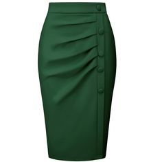 PRODUCT DETAILS: STYLE - Keep your look professional and stylish in this bodycon skirt from INSPIRE CHIC, featuring a high waist, pleated front, and button decor. OUTFIT - Pair with solid shirts and high heels for a chic office look. OCCASION - Focused on Ladies' Semi-Formal Wear - This skirt can be a perfect addition to almost any outfit from formal to daily wear, great for work, meetings, office, businesses, work, parties, cocktails, weddings, casual, daily dressing, etc. Working Skirts Styles, Cheap Stretch Skirt For Office, Cheap Pencil Skirt For Office Wear, Formal Skirts Outfit, Office Pencil Skirt In Solid Color, Fitted Knee-length Solid Color Mini Skirt, Solid Color Pencil Skirt For Workwear, Solid Color Pencil Skirt For Work, High-waist Solid Color Pencil Skirt For Office