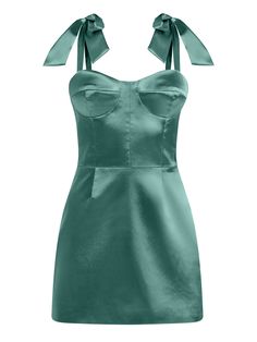 This green satin micro mini dress is an alluring pick for day and evening events. The sweetheart neckline lends a classic touch to this ultra-flattering silhouette, while its shoulder self-tie bows add romantic allure.  The dress is fully lined and fastens with an invisible zip at the back. Style with a clutch and matching heels. Hand wash only. Wash inside out with like colors. Do not wring or twist. Do not tumble dry. Iron at 160°C max or use press cloth. Do not bleach. Wedding Guest Dress Mini, Green Satin Mini Dress, Edgy Glam, Stretch Satin Fabric, Mini Skirt Style, Green Homecoming Dresses, Trip Outfits, A Line Mini Skirt, Skirt Style