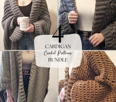 crochet patterns for cardigans and sweaters with text overlay that says 4 cardigan crochet patterns bundle