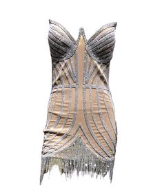 a women's dress with fringes on the bottom and back, in gold and silver