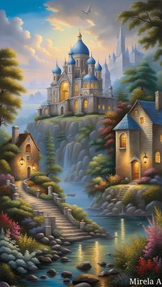 a painting of a castle on top of a hill next to a body of water