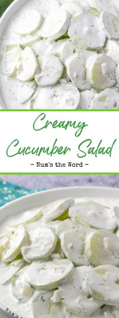 creamy cucumber salad in a white bowl on a green and blue tablecloth