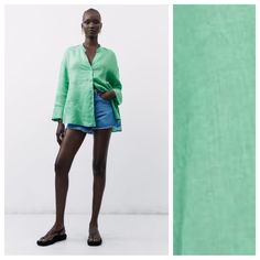 Nwt. Zara Green 100% Linen V-Neck Shirt With A Slot Collar, Long Cuffed Sleeves And An Asymmetric Hem With Side Vents. Size L. Ref. 4877/251. Pit To Pit 25" Flat, Shoulders 23", Sleeves 19,5", Length 28,5". 1007 Green Relaxed Fit V-neck Blouse, Spring V-neck Shirt, Summer V-neck Workwear Shirt, Effortless Blouse For Spring, Solid V-neck Shirt For Spring, Spring Workwear Split Neck V-neck Top, Cotton V-neck Top For Summer, Spring V-neck Split Neck Top For Work, Split Neck V-neck Top For Spring Workwear