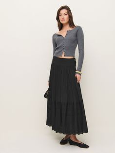 Wear the skirt. Shop the Aura Skirt from Reformation, a mid-rise maxi skirt with an embroidered hem and pleating throughout. Jumper And Jeans, Leather Mary Jane Flats, Outfit Minimalist, Minimalist Outfits, Embroidered Hem, Simple Skirt, Skirt Looks, Voile Fabric, Outfits To Try