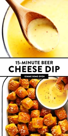 a bowl filled with cheese dip next to a plate full of tater tots