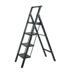 a metal step ladder with shelves on the bottom and one shelf below it, against a white background