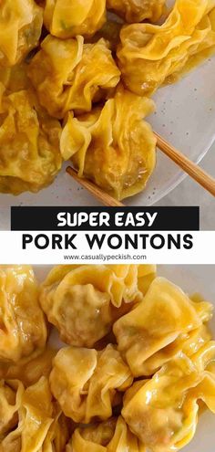 close up of cooked wontons with captions Pork Bun Recipe Easy, Pork Wonton Recipes, Easy Dumpling Recipe, Won Ton Recipes, Wonton Filling Recipes, Pork Wonton Recipe, Pork Dumplings Recipe, Crispy Chili Oil, Homemade Wontons