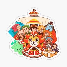 an image of some cartoon characters on a sticker that is in the shape of a boat