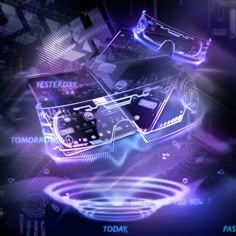 an abstract image of some electronic devices in purple and blue colors with the words today written on them