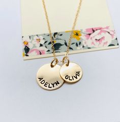 "Kids Names Necklace, Gold Disc Mom Necklace Please make sure you don't forget to put the information for personalization in the note to seller box at check out :) This is a hand stamped 14k Gold Filled necklace. This necklace comes with a 1/2 14k gold filled disc and a larger 5/8\" 14k gold filled disc. Chain is a 16, 18 or 20\" 14k gold filled cable chain. Please provide the following at checkout in message to seller box: - 1/2\" disc ( up to 9 characters) - 5/8\" disc ( up to 14 characters) E Adjustable Gold Hand Stamped Charm Necklaces, Adjustable Hand Stamped Gold Charm Necklaces, Personalized Gold Stamped Jewelry, Personalized Stamped Gold Jewelry, Everyday Gold Stamped Jewelry, Gold Hand Stamped Name Necklace For Mother's Day, Gold Hand Stamped Nameplate Necklace, Gold Stamped Nameplate Jewelry, Personalized Stamped Gold Charm Necklace