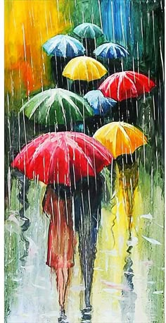 a painting of people walking in the rain with umbrellas over their heads and feet