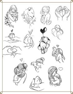 some drawings of people and animals with hearts on their hands, one is holding a baby